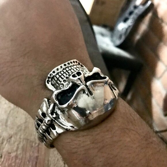 Skull Cuff Bracelet Mens Heavy Biker Silver Rock Goth Mans Moto Gothic Punk Big - Picture 7 of 7
